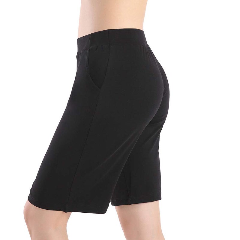 QingWan Womens Knee Length Shorts with Pockets Plus Size Elastic Waist Short Pants Yoga Black - Image 5